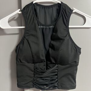 Michi Women Micro Mesh V-Neck Padded Shoelace Tie Crop Tank Top Black XS